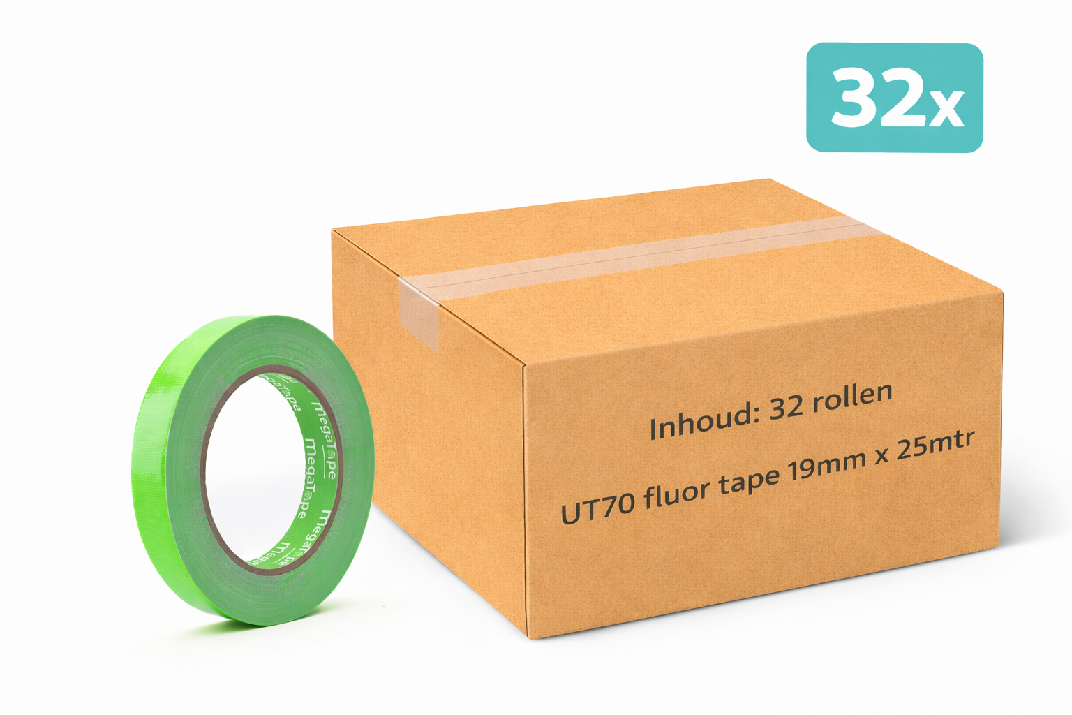 doos met 32x MegaTape UT70 fluor gaffa tape 25 m op rol 19 mm groen voor events, theater en beurzen