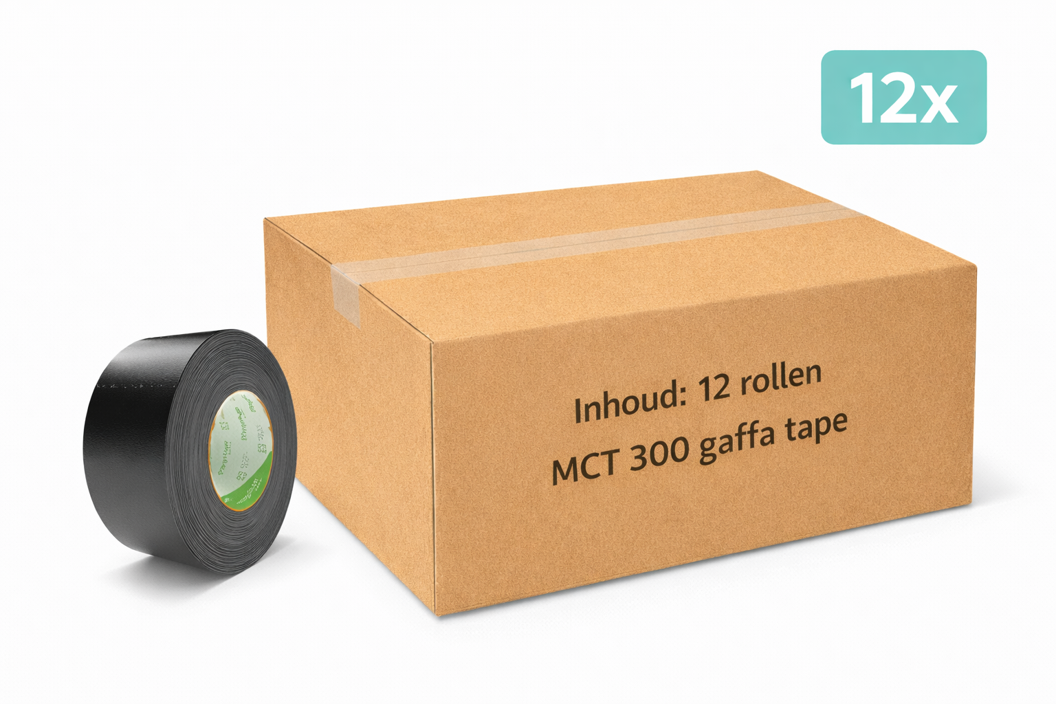 doos met 12x MegaTape MCT 300 Gaffa tape 75 mm zwart rol 50m voor events, theater en beurzen