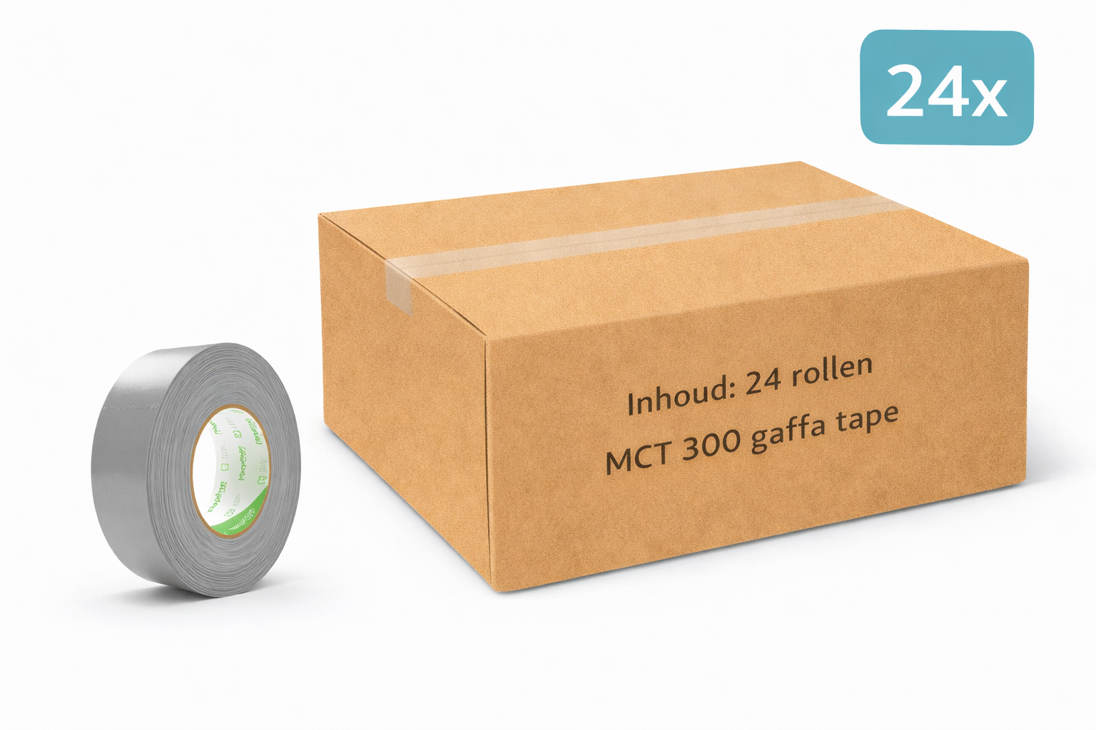 doos met 24x MegaTape MCT 300 Gaffa tape 38 mm grijs rol 50m voor events, theater en beurzen