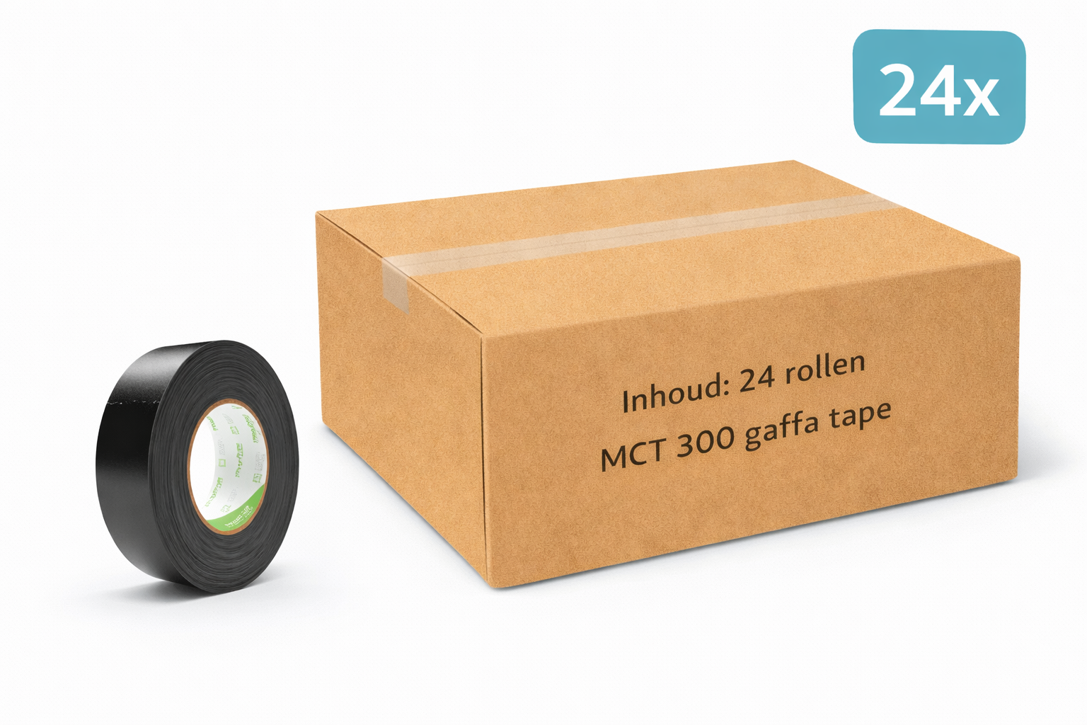 doos met 24x MegaTape MCT 300 Gaffa tape 38 mm zwart rol 50m voor events, theater en beurzen