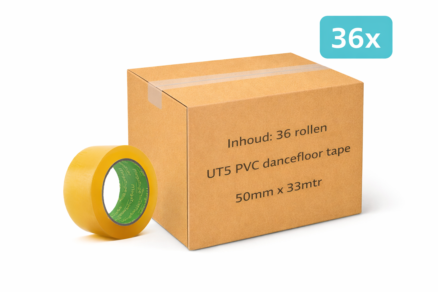 doos met 36x MegaTape UT5 PVC dansvloer tape 33 m op rol 50 mm transparant voor events, theater en beurzen