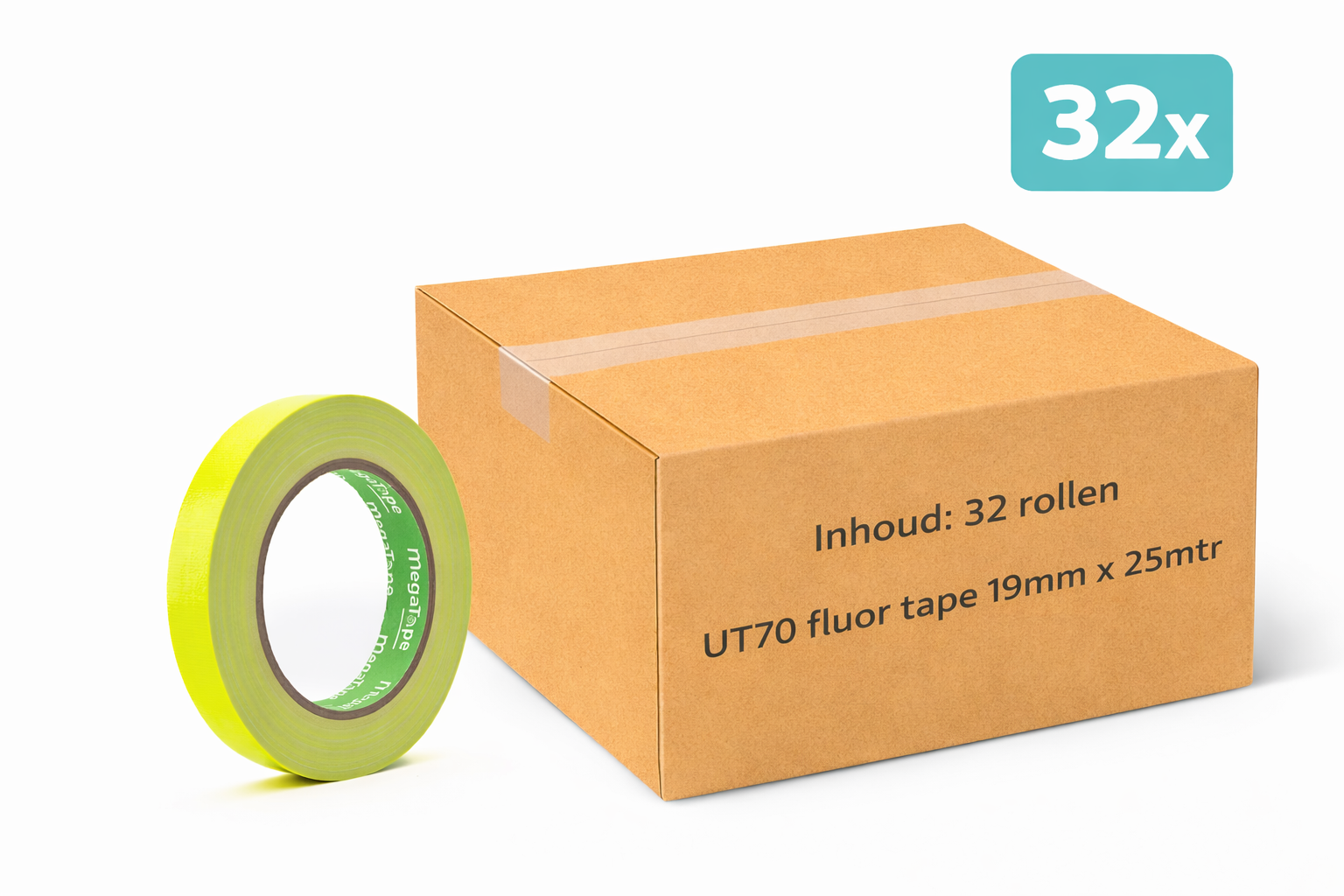 doos met 32x MegaTape UT70 fluor gaffa tape 25 m op rol 19 mm geel voor events, theater en beurzen