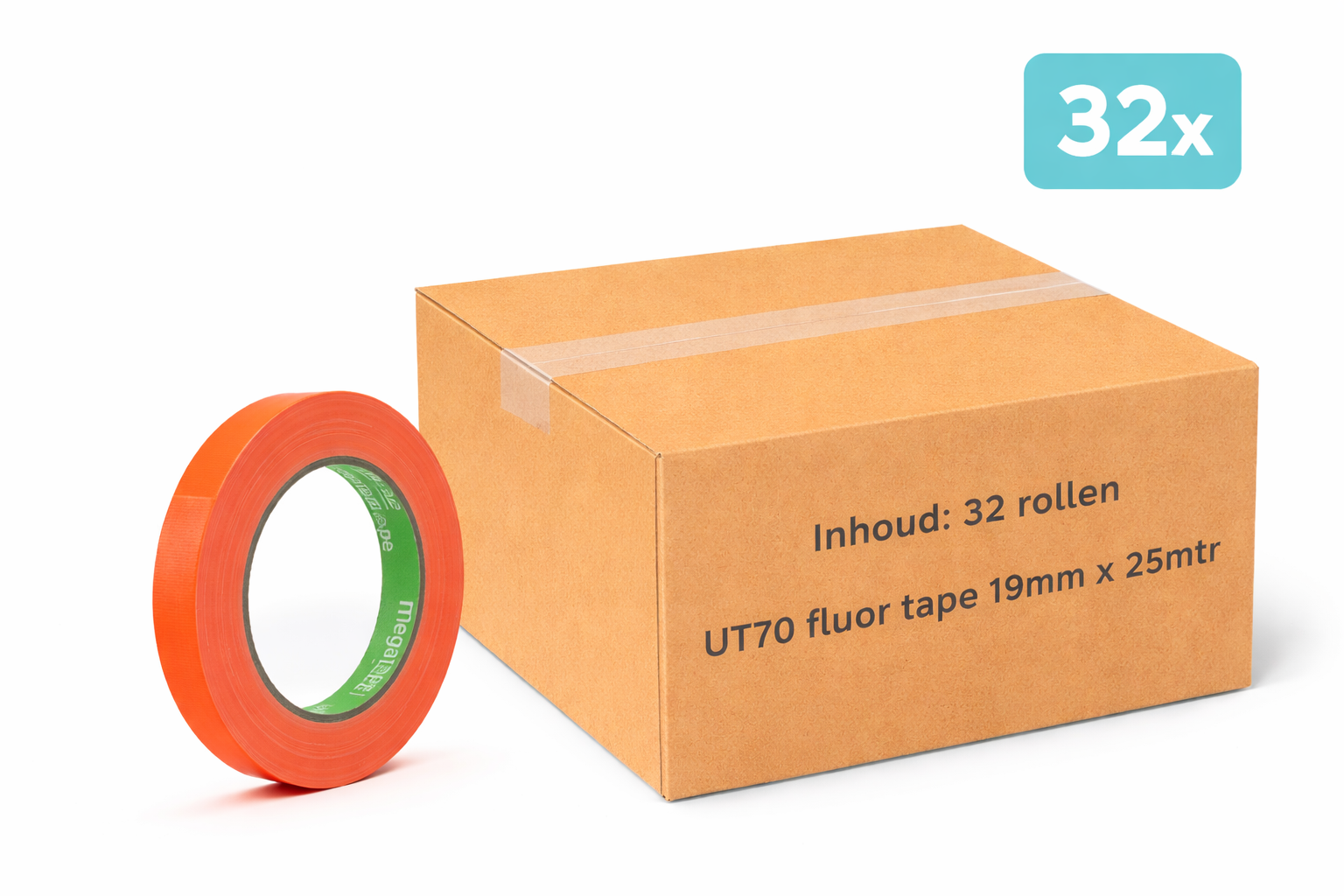 doos met 32x MegaTape UT70 fluor gaffa tape 25 m op rol 19 mm oranje voor events, theater en beurzen